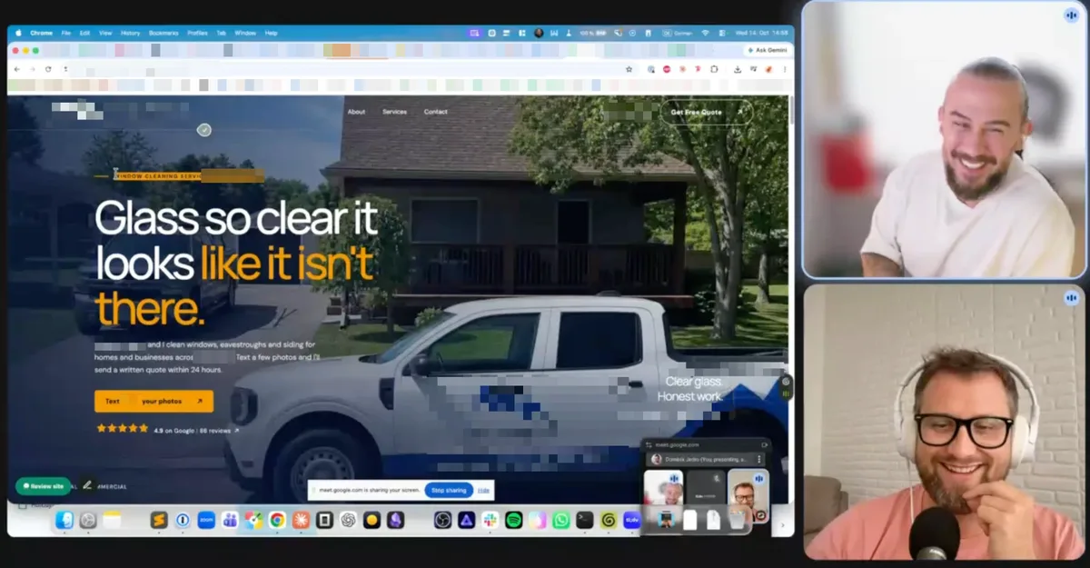 Dom and Engin laughing on the video call while Dom shares his window cleaning client's new website, client name and town blurred